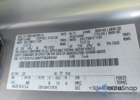 2015 Ford F-150 Xlt z USA, uszkodzony, nr VIN 1FTEW1CG9FFB25040